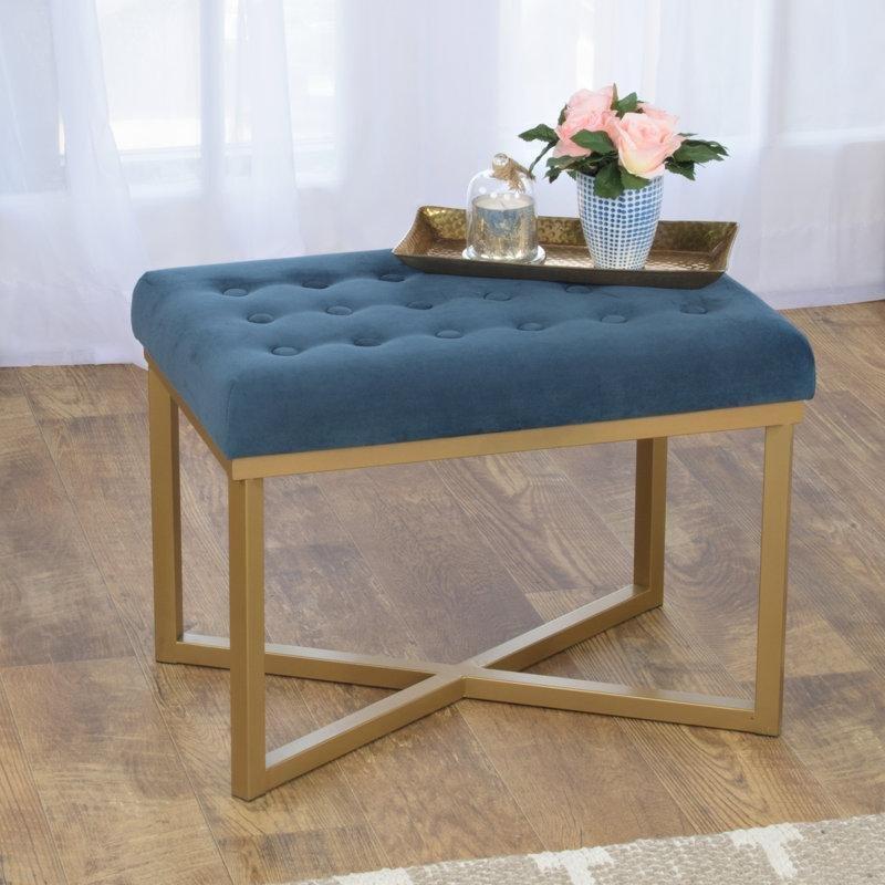 Gece Mavisi Kadife Metal Ayaklı Kapitoneli Dikdörtgen Makyaj Masası Pufu - 61 cm - 232842
