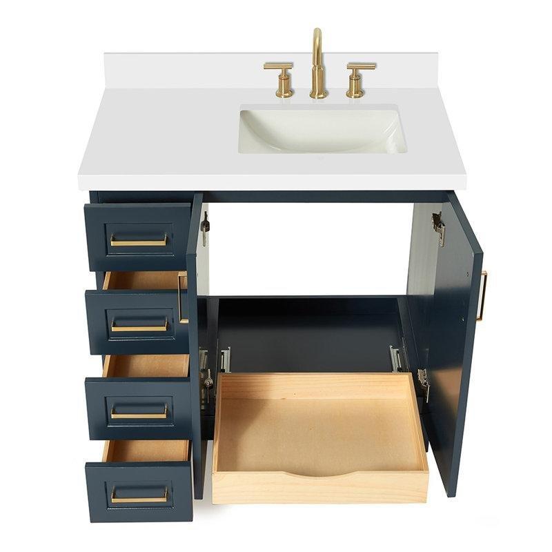 Gece Mavisi Masif Ahşap Kuvars Tezgahlı Çekmeceli Banyo Lavabo Dolabı - 94 cm - 199065