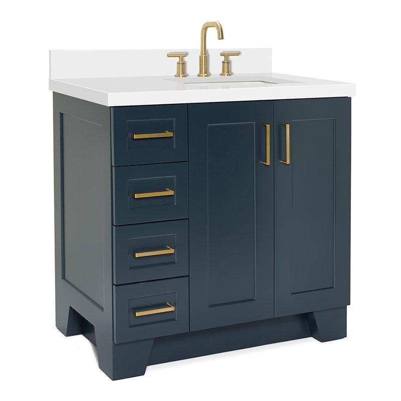 Gece Mavisi Masif Ahşap Kuvars Tezgahlı Çekmeceli Banyo Lavabo Dolabı - 94 cm - 199065