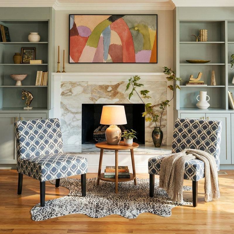 Geometrik Desenli Polyester Kumaş Masif Ahşap Ayaklı 2li Set Tekli Koltuk - 204872