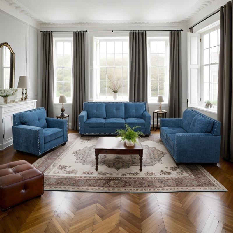 Göl Mavisi Kadife Kumaş Zımba Detaylı Koltuk Takımı - 191780