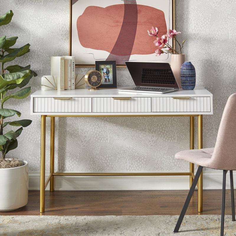 Gold Çelik Ayaklı 3 Çekmeceli Ahşap Vintage Çalışma Masası - 121x60 cm - 233976