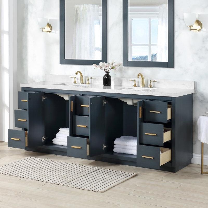 Gold Kulplu Beyaz Masif Ahşap Kompoze Taş Tezgahlı Balıksırtı Desenli İkili Banyo Lavabo Dolabı - 214 cm - 202084