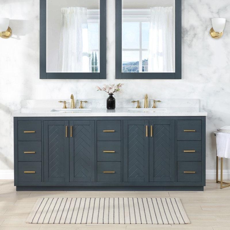 Gold Kulplu Beyaz Masif Ahşap Kompoze Taş Tezgahlı Balıksırtı Desenli İkili Banyo Lavabo Dolabı - 214 cm - 202084
