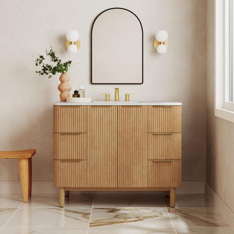 Gold Kulplu Carrara Mermer Tezgahlı Yivli Huş Ağacı Banyo Lavabo Dolabı - 107 cm - 199729