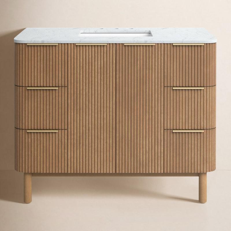 Gold Kulplu Carrara Mermer Tezgahlı Yivli Huş Ağacı Banyo Lavabo Dolabı - 107 cm - 199729