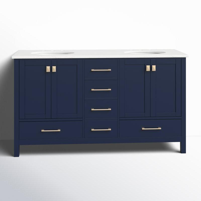 Gold Kulplu Kalakata Beyazı Mermer Tezgahlı Ahşap Çift Lavabolu Ayaklı Banyo Lavabo Dolabı - 153 cm - 200788