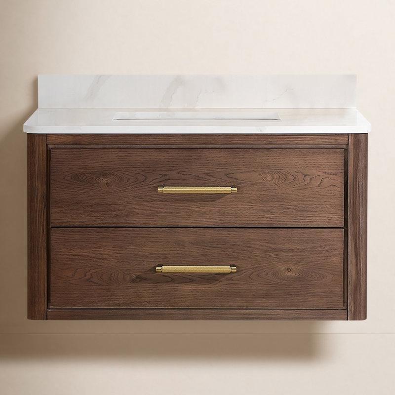 Gold Kulplu Masif Kavak Ahşap Duvara Monte Banyo Lavabo Dolabı Beyaz Kuvars Tezgahlı - 92 cm - 198790