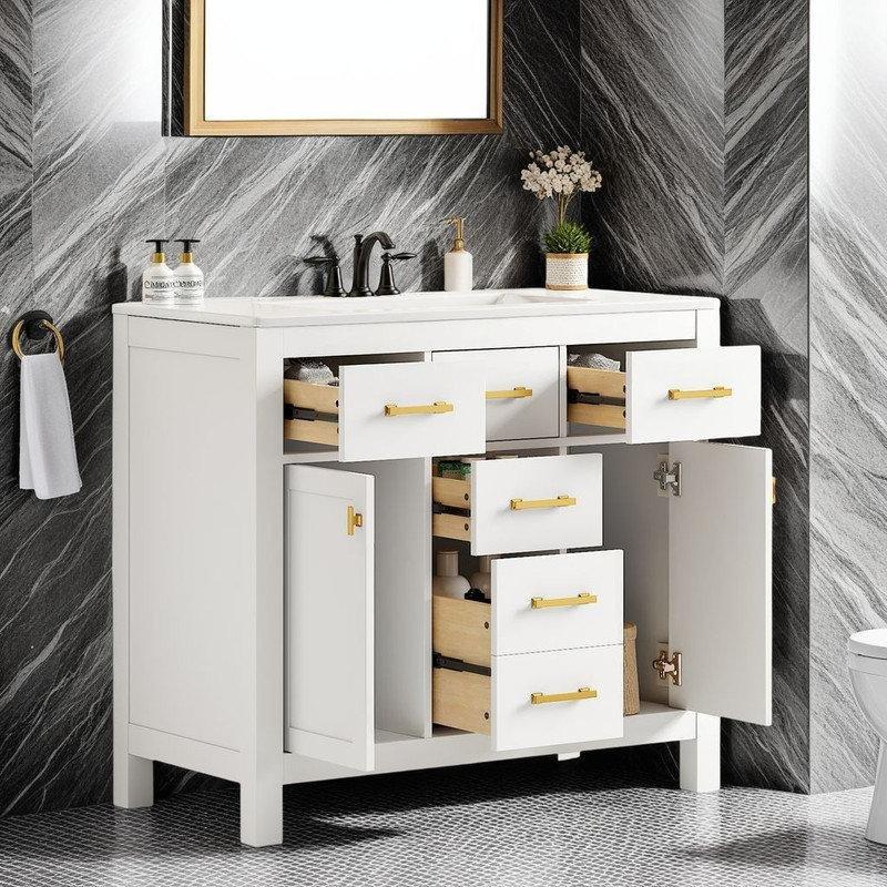 Gold Kulplu Yavaş Kapanır Çekmeceli Beyaz Seramik Lavabolu Masif Çam ve MDF Banyo Lavabo Dolabı - 92 cm - 197599