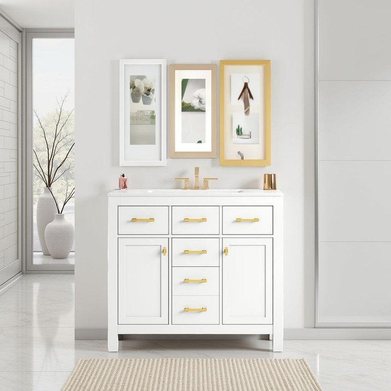 Gold Kulplu Yavaş Kapanır Çekmeceli Beyaz Seramik Lavabolu Masif Çam ve MDF Banyo Lavabo Dolabı - 92 cm - 197599