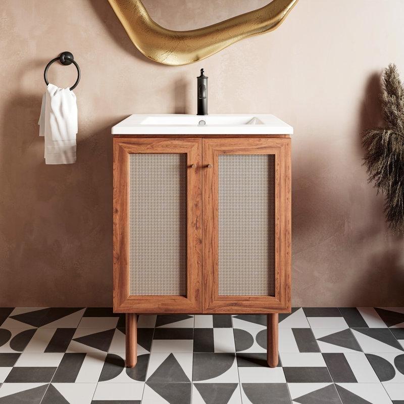 Gold Meşe MDF Seramik Lavabolu Ayaklı Banyo Lavabo Dolabı - 61 cm - 201351