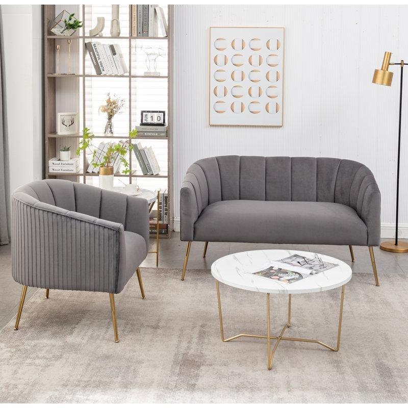 Gold Metal Ayaklı Kadife 2 Parça Dikey Dikişli Koltuk Takımı - 192032