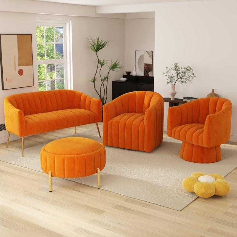 Gold Metal Ayaklı Kadife Döner Berjerli ve Orta Sehpalı 4 Parça Koltuk Takımı - 191560