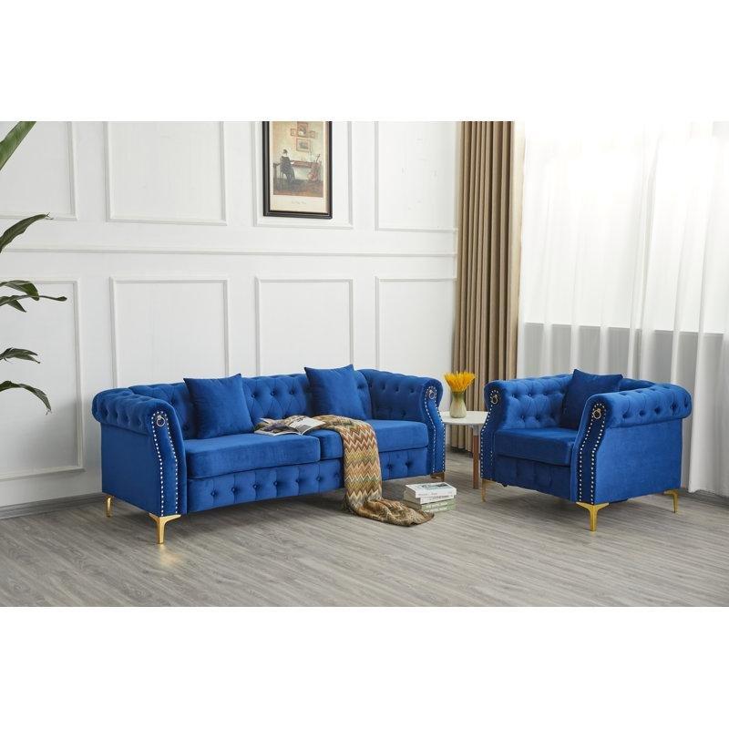 Gold Metal Ayaklı Kadife Kapitoneli Chesterfield Koltuk Takımı - 191728