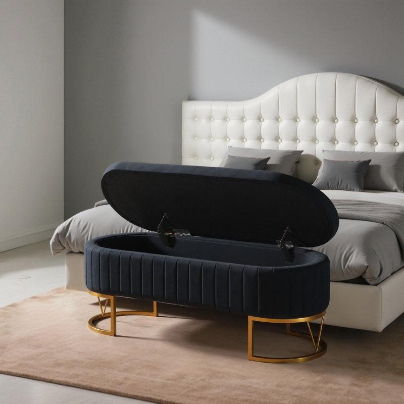 Gold Metal Ayaklı Kadife Kumaş Sandıklı Oval Bench - 116 cm - 164227