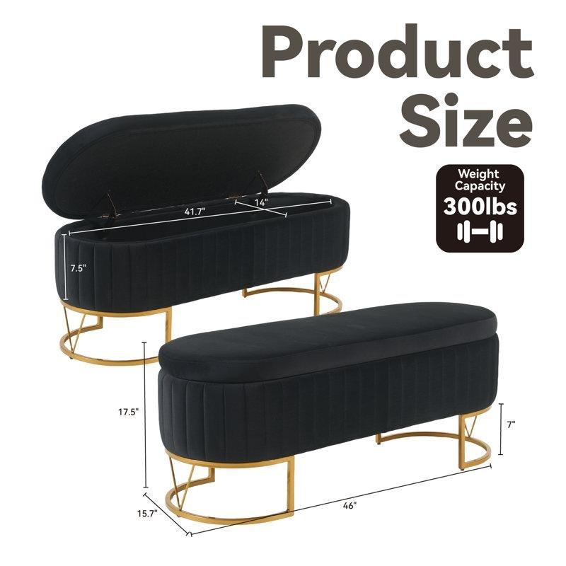 Gold Metal Ayaklı Kadife Kumaş Sandıklı Oval Bench - 116 cm - 164227