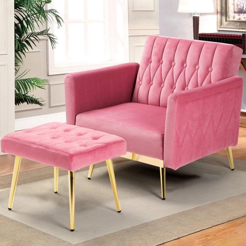 Gold Metal Ayaklı Kadife Puflu Yatağa Dönüşebilen Kapitoneli Tekli Koltuk - 203361