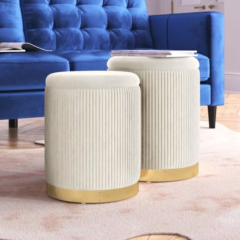 Gold Metal Ayaklı Kadife Sandıklı Yuvarlak 2li Set Puf - 36x46 cm - 165271