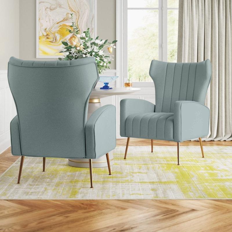 Gold Metal Ayaklı Kanal Dikişli Kadife Kulaklı Tekli Koltuk 2li Set - 69 cm - 204688