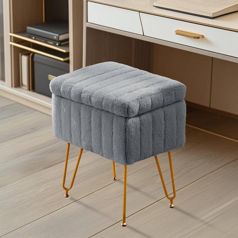 Gold Metal Ayaklı Suni Kürk Saklama Alanlı 2li Makyaj Masası Pufu Seti - 49x41 cm - 233465