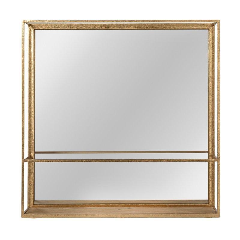 Gold Metal Çerçeveli Ahşap Raflı Aynalı Kare Duvar Rafı - 51x51 cm - 179015