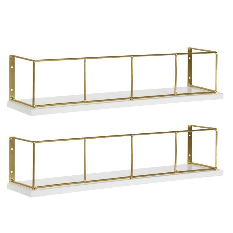 Gold Metal Çerçeveli Beyaz Ahşap 2li Set Duvar Rafı - 46 cm - 179678