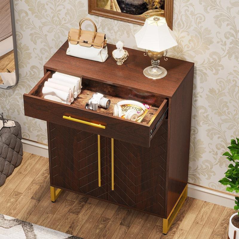 Gold Metal Çerçeveli Endüstriyel Ahşap Çekmeceli Ayarlanabilir Raflı Ayakkabılık - 100x81x41 cm - 228489