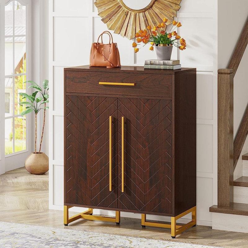 Gold Metal Çerçeveli Endüstriyel Ahşap Çekmeceli Ayarlanabilir Raflı Ayakkabılık - 100x81x41 cm - 228489