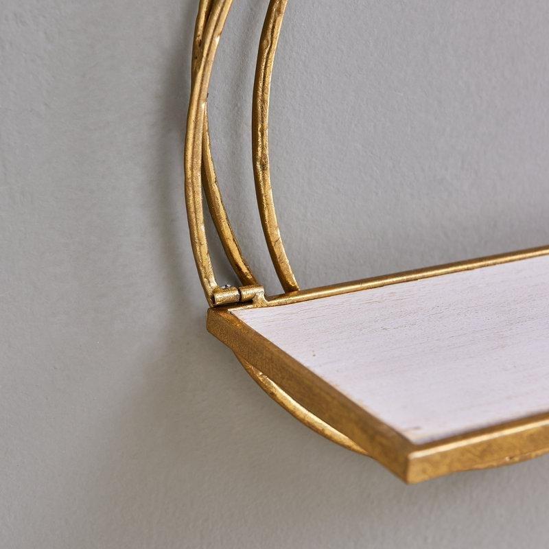 Gold Metal Çerçeveli Eskitme Beyaz Masif Ahşap Yuvarlak İkili Duvar Rafı Seti - 39 cm - 179502