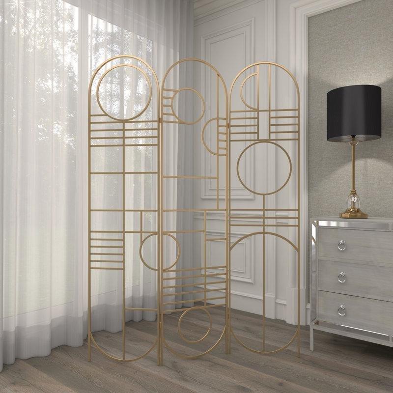 Gold Metal Geometrik Desenli 3 Panelli Katlanır Paravan - 126x176 cm - 184332
