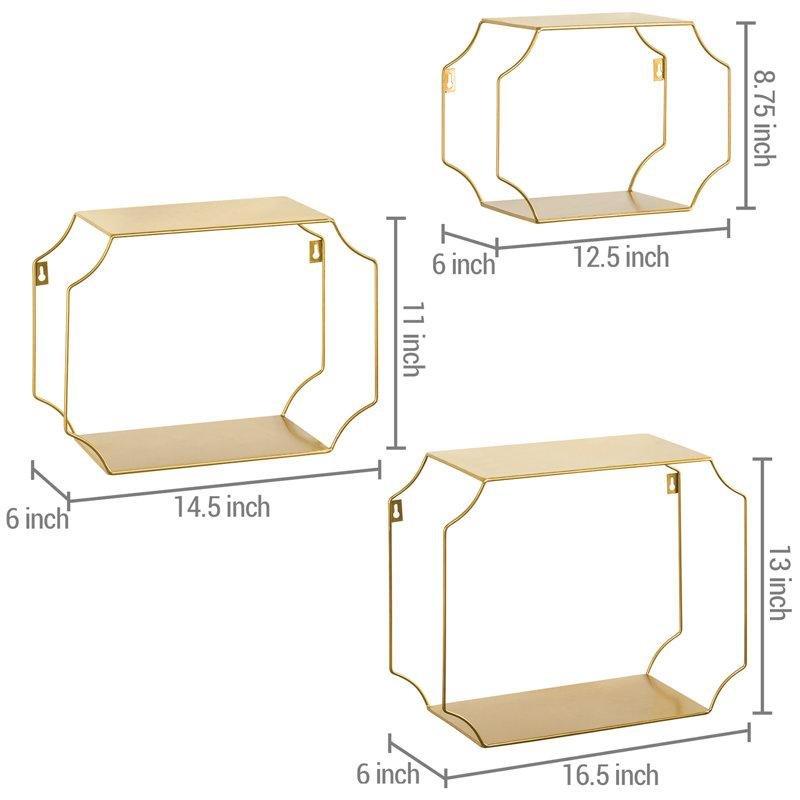 Gold Metal Geometrik Tasarımlı 3lü Set Duvar Rafı - 42 cm - 179538
