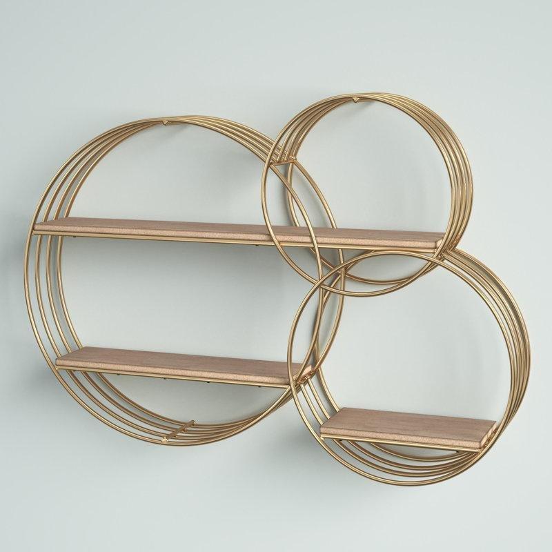 Gold Metal ve Ahşap 3 Raflı Halkalı Duvar Rafı - 94x66 cm - 179590