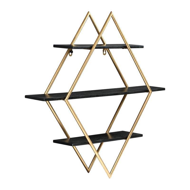 Gold Metal ve Ahşap Elmas Şekilli 3 Raflı Duvar Rafı - 61x60 cm - 179582