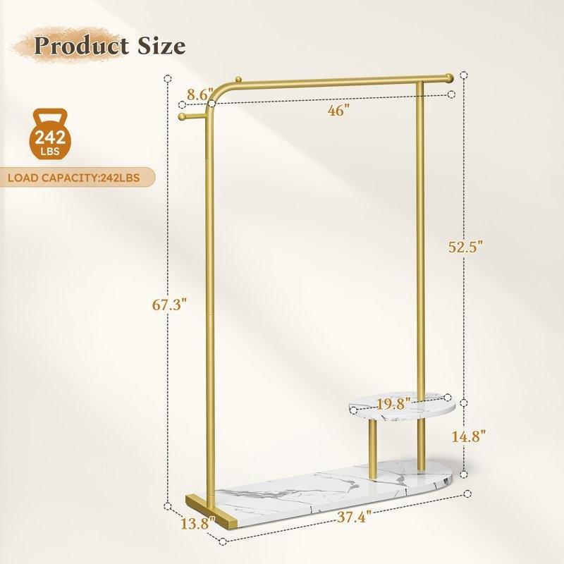 Gold Metal ve Ahşap Mermer Desenli Raflı Endüstriyel Ayaklı Askılık - 117 cm - 165649