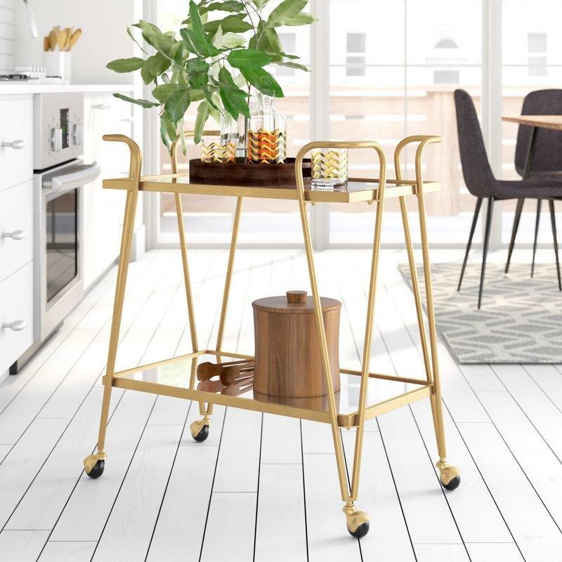 Gold Metal ve Aynalı Cam Tekerlekli 2 Raflı Servis Arabası - 77x45 cm - 178177