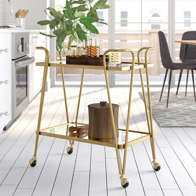 Gold Metal ve Aynalı Cam Tekerlekli 2 Raflı Servis Arabası - 77x45 cm - 178177