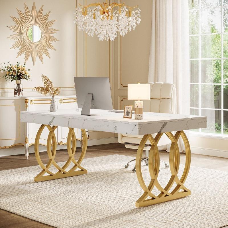 Gold Paslanmaz Çelik Geometrik Ayaklı Beyaz Mermer Görünümlü Yönetici Ofis Masası - 160 cm - 177122