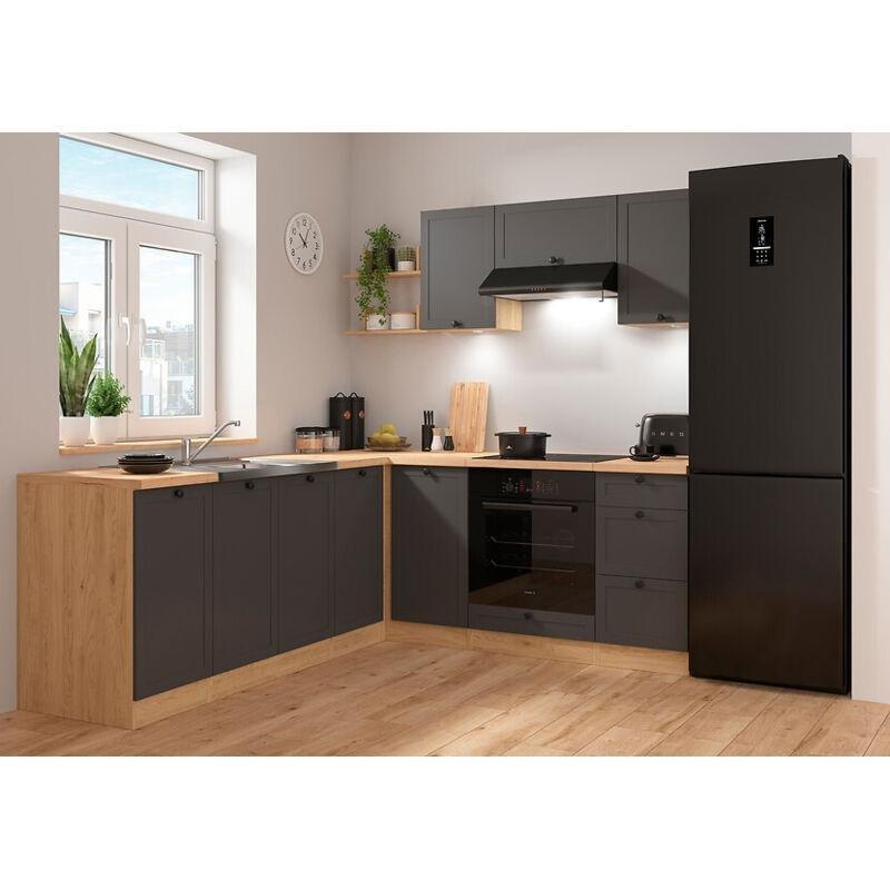 Grafit Gri ve Bernstein Meşe MDF LED Aydınlatmalı Modüler Köşe Mutfak Modeli - 200x220 cm - 186198