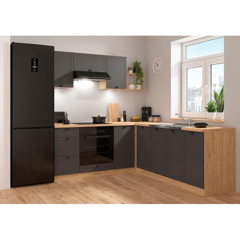 Grafit Gri ve Bernstein Meşe MDF LED Aydınlatmalı Modüler Köşe Mutfak Modeli - 200x220 cm - 186198