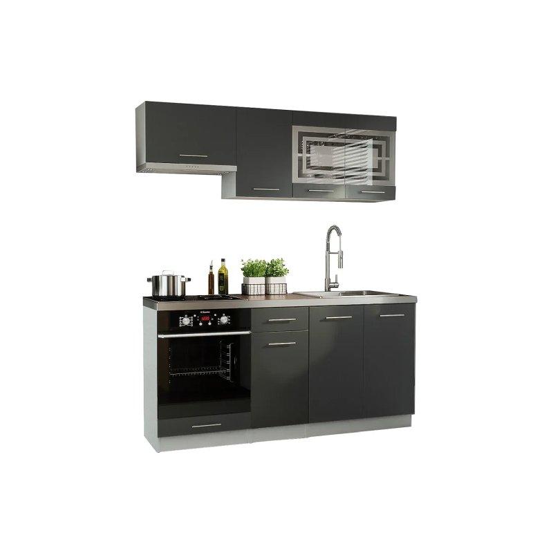 Grafit Mat MDF Cam Kapaklı Ankastre Fırın Bölmeli 6 Parça Mutfak Modeli - 180 cm - 186598