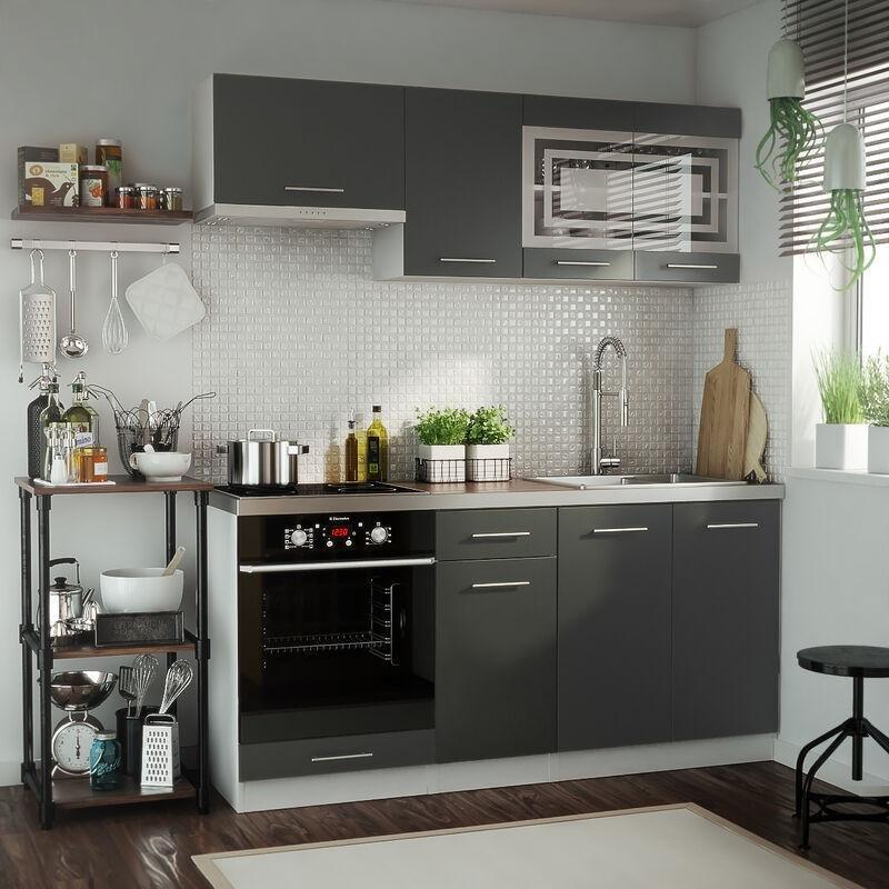 Grafit Mat Melamin ve MDF Cam Kapaklı Metal Kulplu 6 Parça Mutfak Modeli - 180 cm - 186016