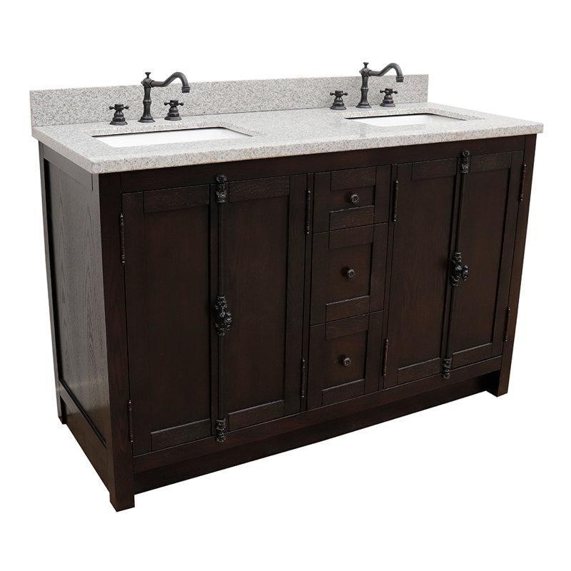 Granit Tezgahlı Masif Dişbudak Ahşap Çift Hazneli Banyo Lavabo Dolabı - 140 cm - 199464