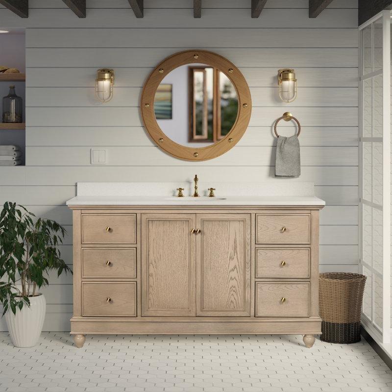 Grej Meşe Masif Ahşap Beyaz Tezgahlı Yumuşak Kapanır Banyo Lavabo Dolabı - 153 cm - 200322