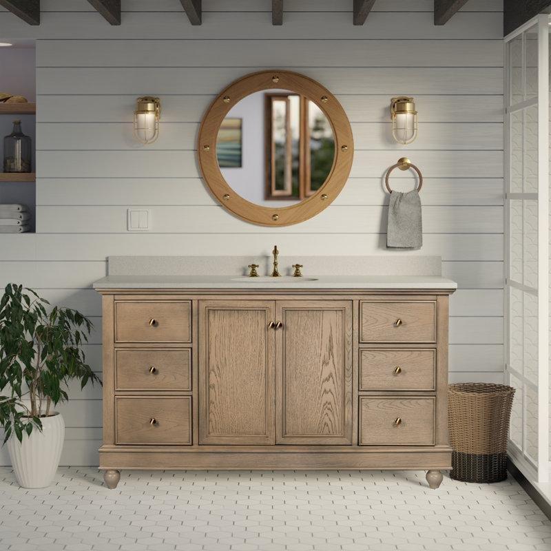 Grej Meşe Masif Ahşap Beyaz Tezgahlı Yumuşak Kapanır Banyo Lavabo Dolabı - 153 cm - 200322