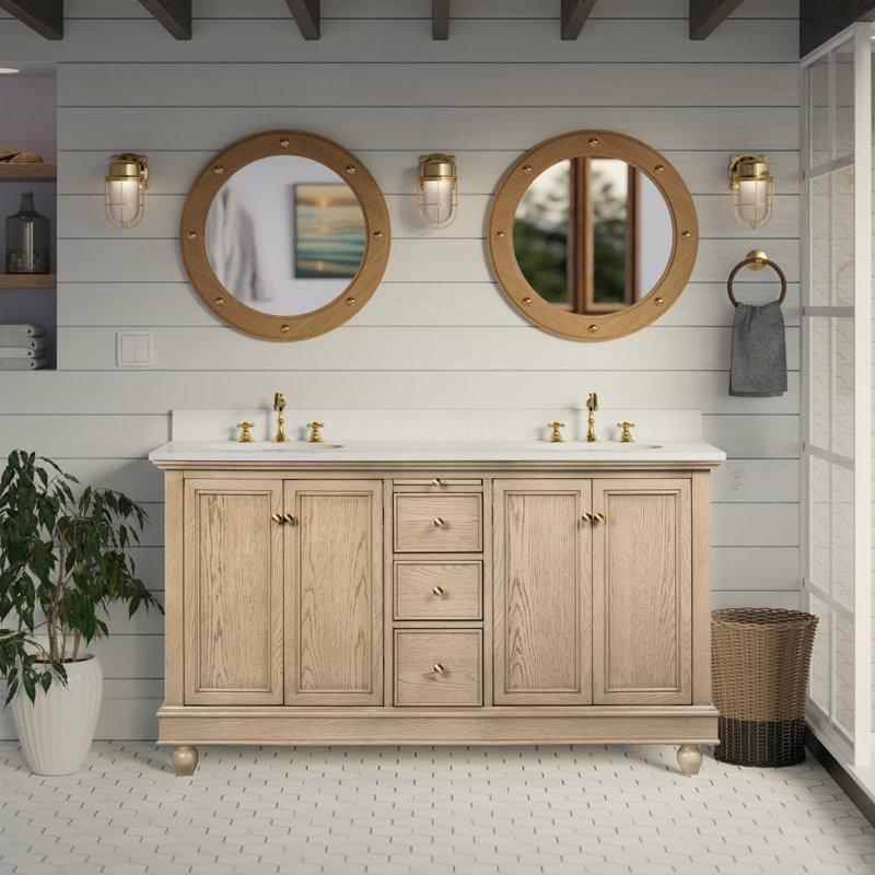 Grej Meşe Masif Ahşap Çift Lavabolu Yavaş Kapanır Banyo Lavabo Dolabı - 153 cm - 201333