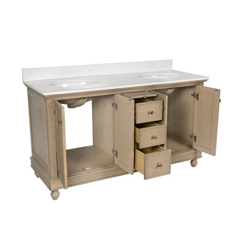 Grej Meşe Masif Ahşap Çift Lavabolu Yavaş Kapanır Banyo Lavabo Dolabı - 153 cm - 201333