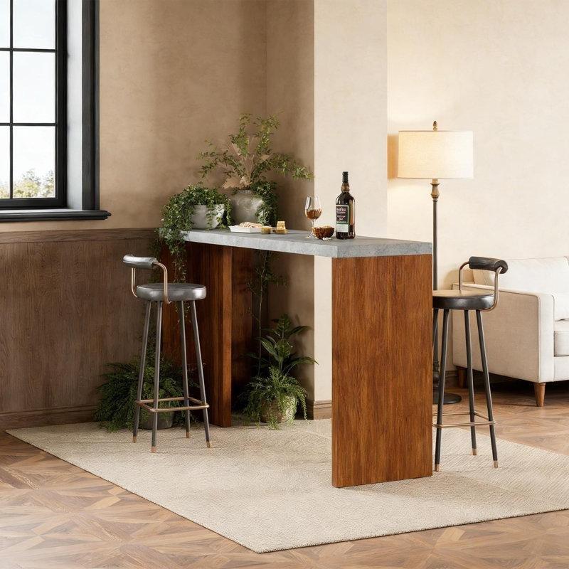 Gri Ahşap Ayaklı Mermer Görünümlü LED Aydınlatmalı Bar Masası - 140x51 cm - 231971