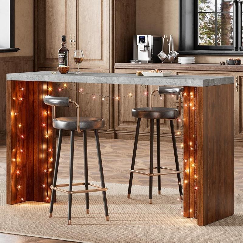 Gri Ahşap Ayaklı Mermer Görünümlü LED Aydınlatmalı Bar Masası - 140x51 cm - 231971