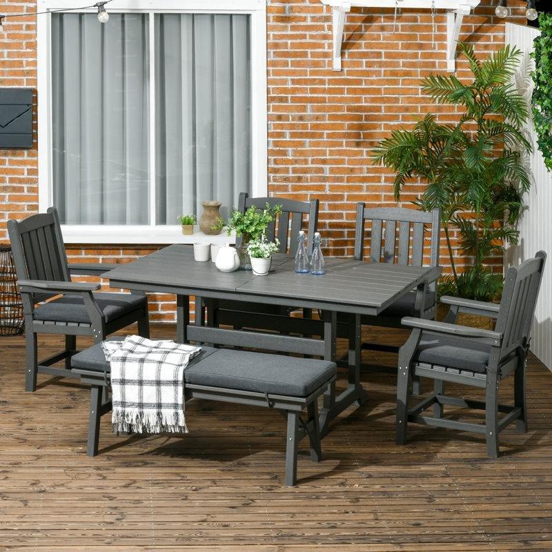 Gri Ahşap Dokulu Reçine Şemsiye Delikli Minderli 6 Kişilik Bahçe Masa Takımı - 153 cm - 214260