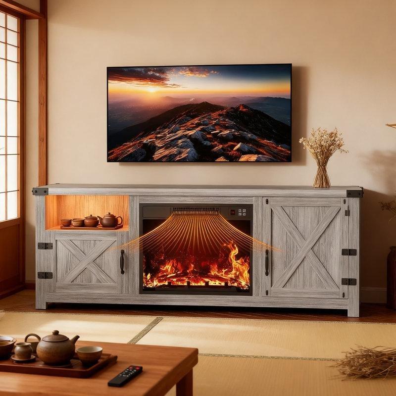 Gri Ahşap LED Aydınlatmalı Elektrikli Şömineli TV Ünitesi - 148 cm - 219871